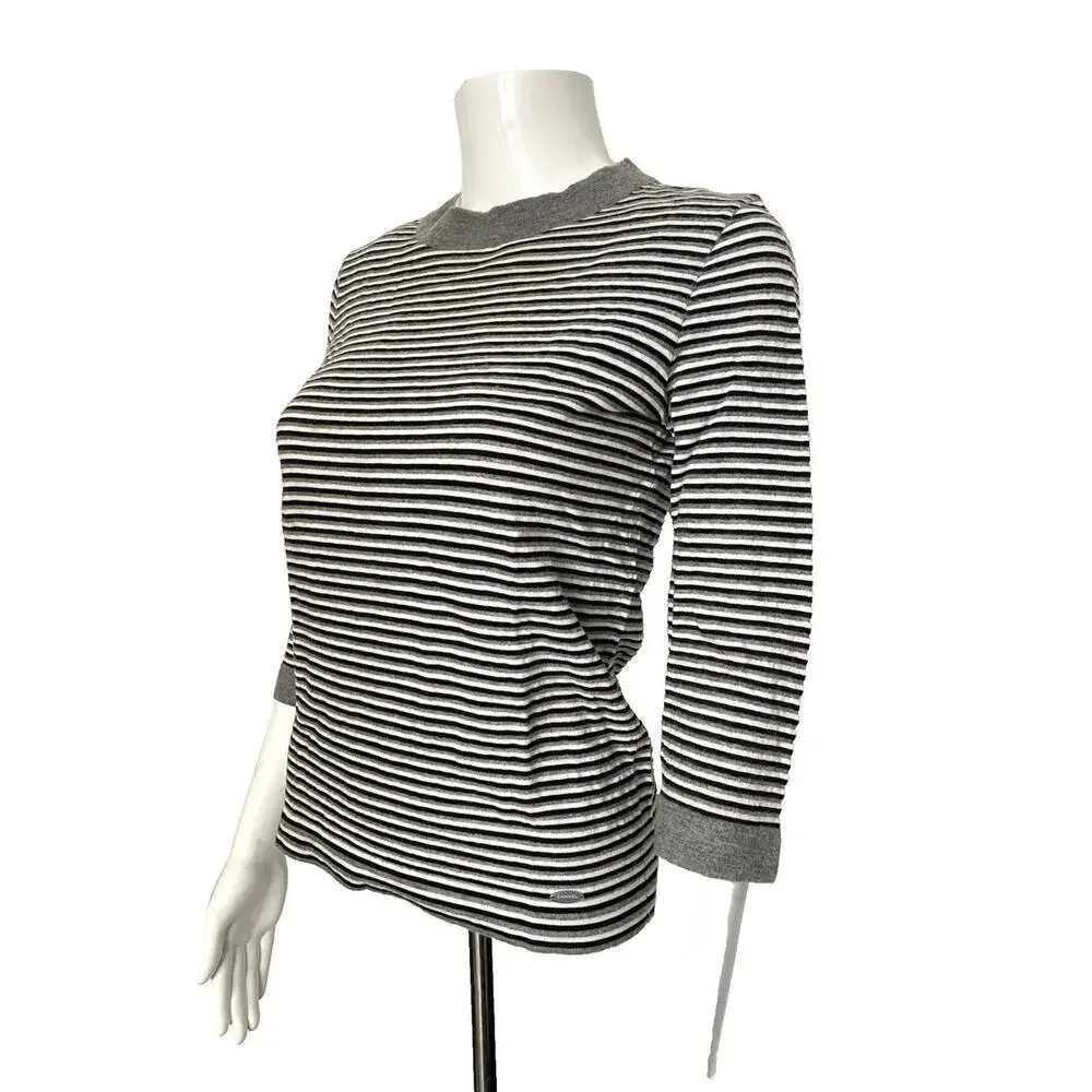 Vintage 2007 CHANEL 07P Stripe Knit Top Sweater FR-38 3/4 Sleeve